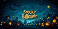 Glowing Halloween night panorama with haunted village silhouettes, flying bats, jack o lanterns, and illuminated windows against dark turquoise sky with full moon.