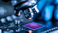 Microscope objective lens examining microchip with purple illumination, extreme close-up view showing scientific research and semiconductor technology analysis.