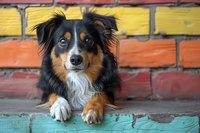 Australian shepherd dog with tricolor coat resting on brick steps against colorful painted wall background.