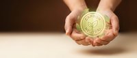Hands holding golden carbon neutral eco badge with leaf symbol representing environmental sustainability and green business practices.