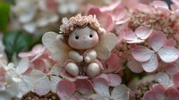 Adorable fairy figurine with delicate wings nestled among soft pink hydrangea flowers, creating magical garden scene for nursery decor and fantasy themes.