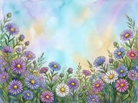 Watercolor wildflower meadow border with purple daisies and green stems on soft pastel background for spring greeting cards and botanical designs.