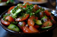 Fresh garden salad with juicy tomatoes, crisp cucumbers, red onions, and chopped parsley in dark ceramic bowl, dressed with olive oil and herbs for healthy eating.