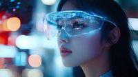 Young Asian woman wearing futuristic transparent smart glasses with digital display in neon-lit urban environment at night.