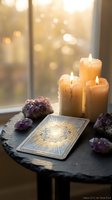 Mystical tarot card reading setup with burning candles and amethyst crystals on wooden table near window with warm golden light for spiritual guidance.