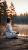 Young woman practicing meditation in lotus pose on wooden dock at sunset by lake with forest background for wellness and mindfulness concepts.