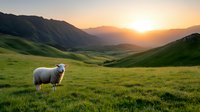 Lone sheep grazing on lush green mountain meadow at sunset, dramatic mountain silhouettes and golden sky create peaceful pastoral landscape.