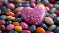 Pink heart-shaped stone surrounded by colorful smooth pebbles creates romantic natural composition for love themes, Valentine's Day, wellness and meditation concepts.