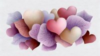 Romantic composition with delicate hearts and purple flower petals in soft pastel colors on white background, suitable for wedding and valentine designs.