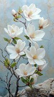 Delicate white magnolia flowers blooming on branches against soft blue background, with green leaves and subtle marble texture creating elegant spring atmosphere.
