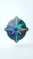 Neon compass rose with cardinal directions and digital navigation icons on white background, isolated for design use.