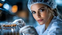 Young Caucasian female scientist in protective workwear examining petri dish sample in modern laboratory setting with dramatic blue lighting and bokeh background effect.