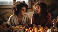 Two young African American women enjoying breakfast with croissants and fruits, sharing genuine laughter during morning meal at home in warm ambient lighting.