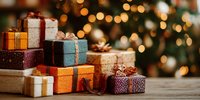 Colorful wrapped gift boxes with ribbons arranged on wooden surface against blurred Christmas tree lights background for holiday celebration and festive season.