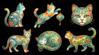 Colorful decorative cats with ornamental patterns isolated on transparent background. Ready for t-shirt design, clipart, stickers, sublimation, and print-on-demand projects.