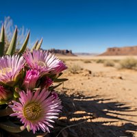 Pink desert wildflowers blooming in arid landscape with red rock formations and clear blue sky. Desert botanical nature scene with vibrant flora.
