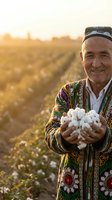 Senior farmer in traditional ethnic clothing holding fresh cotton bolls at sunset in agricultural field during harvest season.