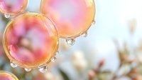 Colorful soap bubbles floating with water droplets and bokeh light effects creating dreamy atmosphere for relaxation and wellness concepts.
