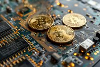 Golden cryptocurrency coins positioned on circuit board with microchip components, representing digital currency, blockchain technology, and financial innovation for fintech, banking, and investment concepts.