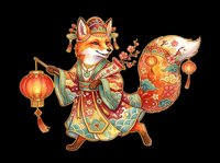 Festive fox character wearing ornate traditional robes and crown, holding a red lantern and decorative staff, isolated on transparent background. Ready for t-shirt design, clipart, stickers, print-on-demand, and sublimation projects.