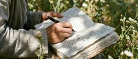 Male hand holding open notebook with written notes outdoors among green plants and foliage, suitable for education, learning, journaling, and nature study concepts.
