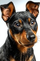 Adorable black and tan puppy with expressive brown eyes looking at camera on white background isolated for pet care and animal lover designs.
