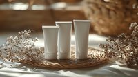 White cosmetic tubes on woven rattan tray with delicate dried flowers, soft natural lighting creates luxurious spa atmosphere for beauty product presentation.