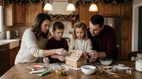 Family decorating gingerbread house together during holidays. Parents and two children enjoying festive baking activity in kitchen with garland decorations and supplies.