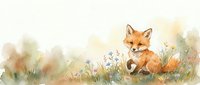 Adorable baby fox sitting in wildflower meadow with soft watercolor style, surrounded by delicate blooms and grass on cream background for nursery decor.
