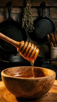 Wooden honey dipper dripping golden honey into rustic bowl in traditional kitchen with cast iron cookware and dried herbs hanging in background.