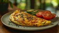 Fluffy cheese and herb omelet served on gray ceramic plate with fresh tomatoes and green beans, garnished with black pepper, warm morning lighting.