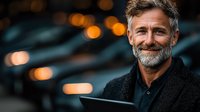 Mature businessman with gray beard smiling while working on digital tablet outdoors at dusk, with blurred bokeh city lights creating atmospheric background.