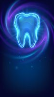 Glowing neon tooth with electric blue light effects and purple energy swirls on dark background for dental care and oral health concepts.