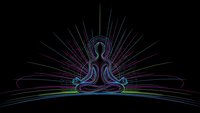 Glowing neon meditation figure in lotus pose with radiating energy lines on black background for wellness and spiritual design projects.