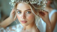 Young blonde bride with blue eyes wearing delicate baby's breath flower crown. Soft natural makeup and glowing skin for wedding day portrait.