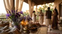 Rustic wooden table with purple wildflowers in vase and glowing oil lamp on covered porch during golden hour sunset with people gathering in background.