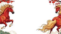 Red ornate horses with golden manes in traditional Asian style on white background with decorative elements and lanterns for festive designs.