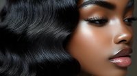 Young African American woman with glossy lips, glamorous makeup and wavy black hair styled in vintage waves against dark background, showcasing beauty and elegance.