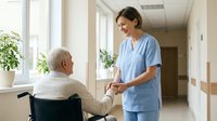 Female healthcare worker in light blue scrubs assisting elderly male patient in wheelchair down bright hospital corridor with potted plants, providing compassionate care and support.