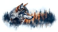 Majestic wolf portrait merged with misty pine forest landscape in double exposure style, combining wildlife and wilderness in artistic composition.