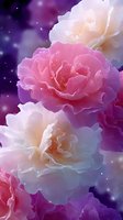 Dreamy pink and white roses with delicate petals on purple starry background, soft glowing particles create magical atmosphere for romantic designs and wallpapers.