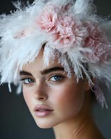 Young woman with blue eyes wearing pink carnations and white feather headdress against dark background. Natural makeup with freckles highlights ethereal beauty.