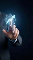 Businessman touching glowing digital network with upward arrow showing growth and connectivity in modern technology interface for business success.