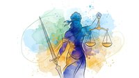Lady Justice holding scales and sword with colorful watercolor splash background representing law, legal system and judicial fairness.