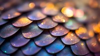 Macro shot of iridescent scales with glittering rainbow reflections and bokeh lights creating magical abstract pattern in purple and gold tones.