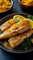 Grilled salmon fillets seasoned with turmeric and spices on dark plate with lemon slices and fresh herbs, served with spice bowls in background.