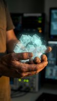 Hands holding glowing geometric hologram with digital network connections in modern technology workspace environment for innovation concepts.