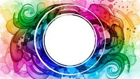 Vibrant rainbow watercolor swirls frame white circle space for text or logo design with flowing artistic brushstrokes and colorful paint splashes.