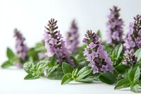 Fresh purple flowering basil stems with bright green leaves arranged in row on white background, aromatic culinary herb for cooking and garnish.