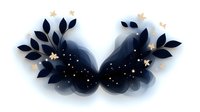 Mystical navy blue butterfly silhouette with golden stars and delicate leaves on white background, isolated decorative element for creative designs.